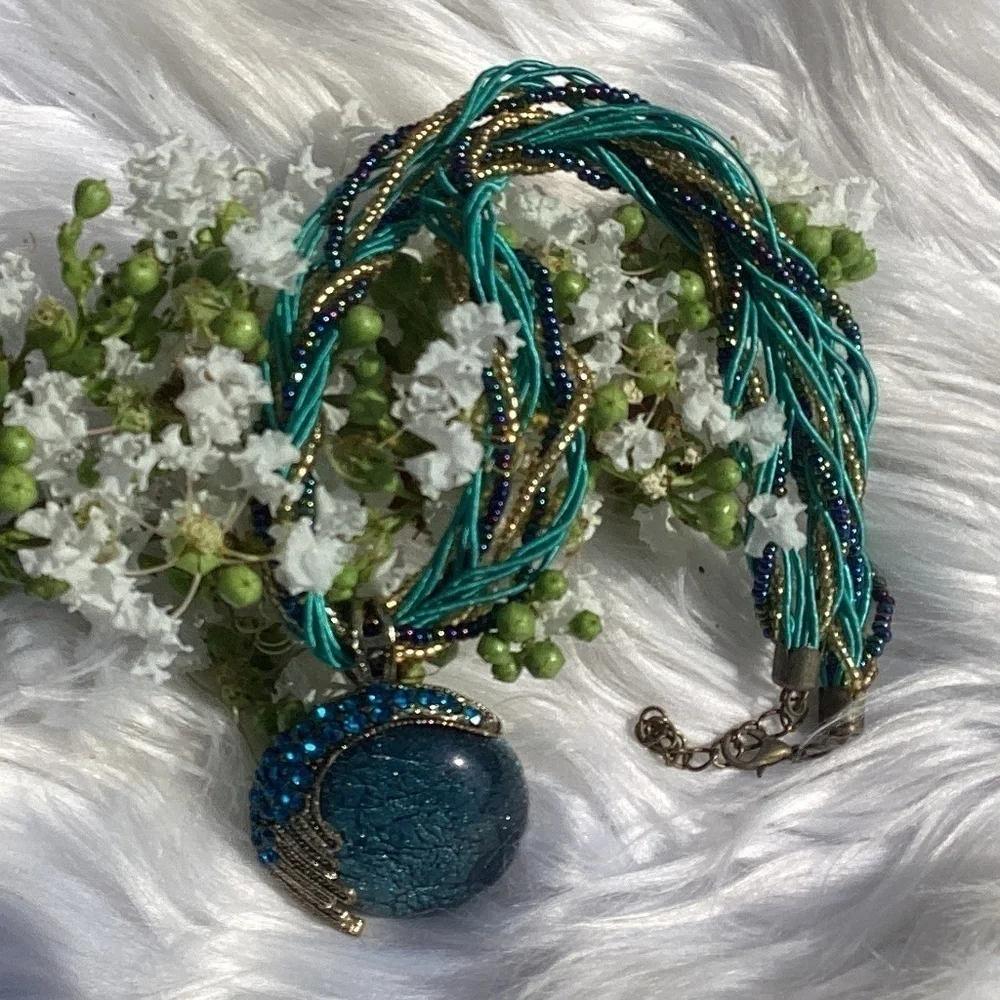 Bohemian Twist Beaded Fabric Blue Rhinestone Orb Pendant Necklace - Picture 4 of 9